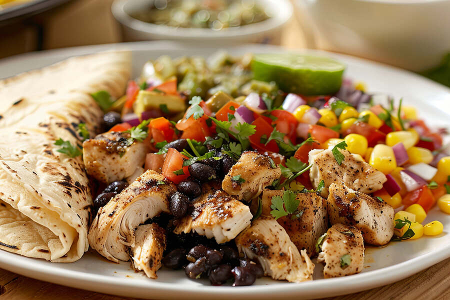 Chicken Fajita Rice Bowl — seasoned chicken with peppers, rice, and salsa