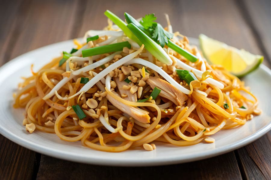 Pad Thai Chicken — rice noodles with chicken, egg, peanuts, and tamarind sauce